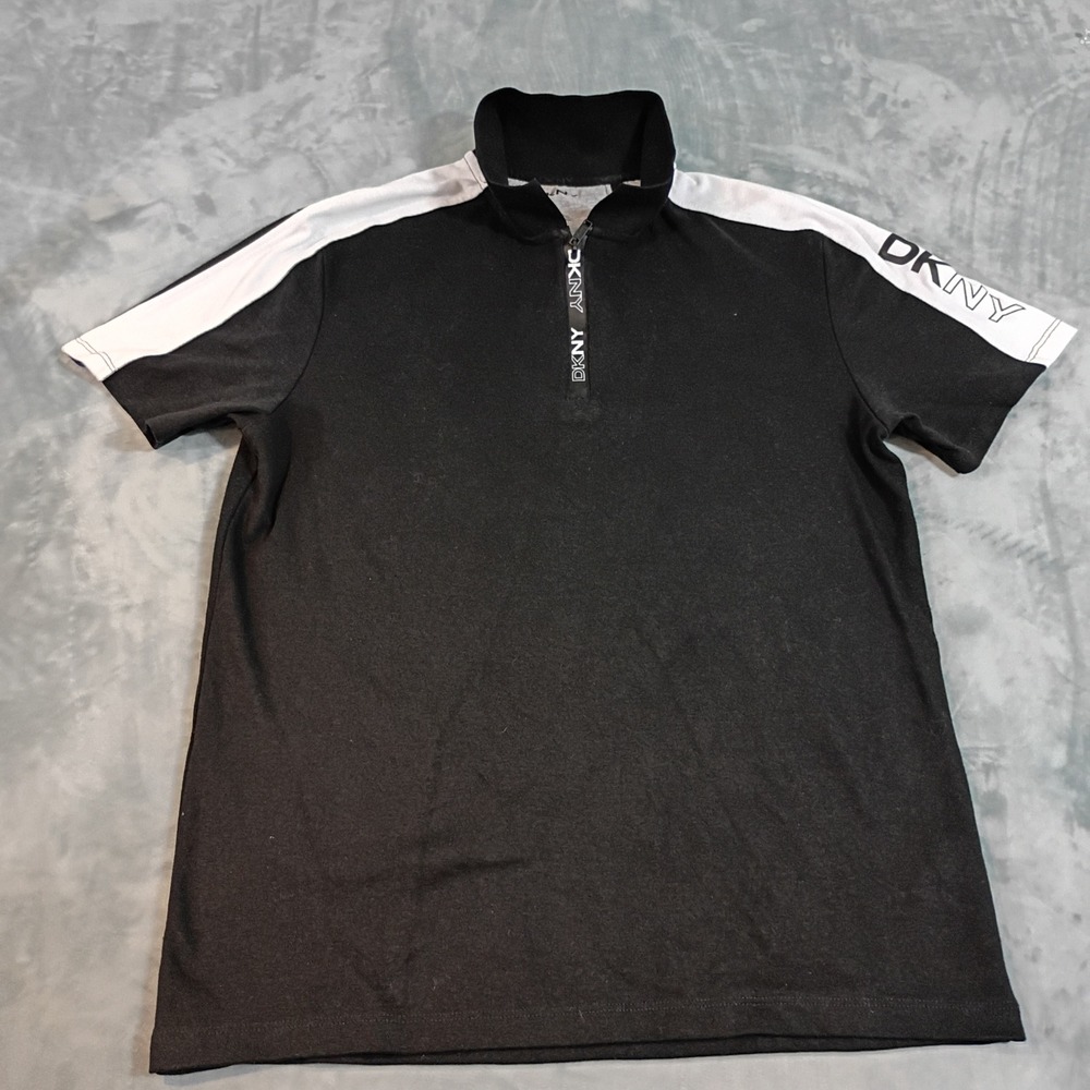 DKNY Mens Quarter Zip Short Sleeve Polo Shirt Black White Logo Stripe Large